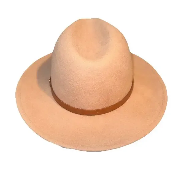 Free People 100% Wool Fedora Dusty Rose Wide Brim Hat Brown Leather Band OS Boho - Picture 4 of 9